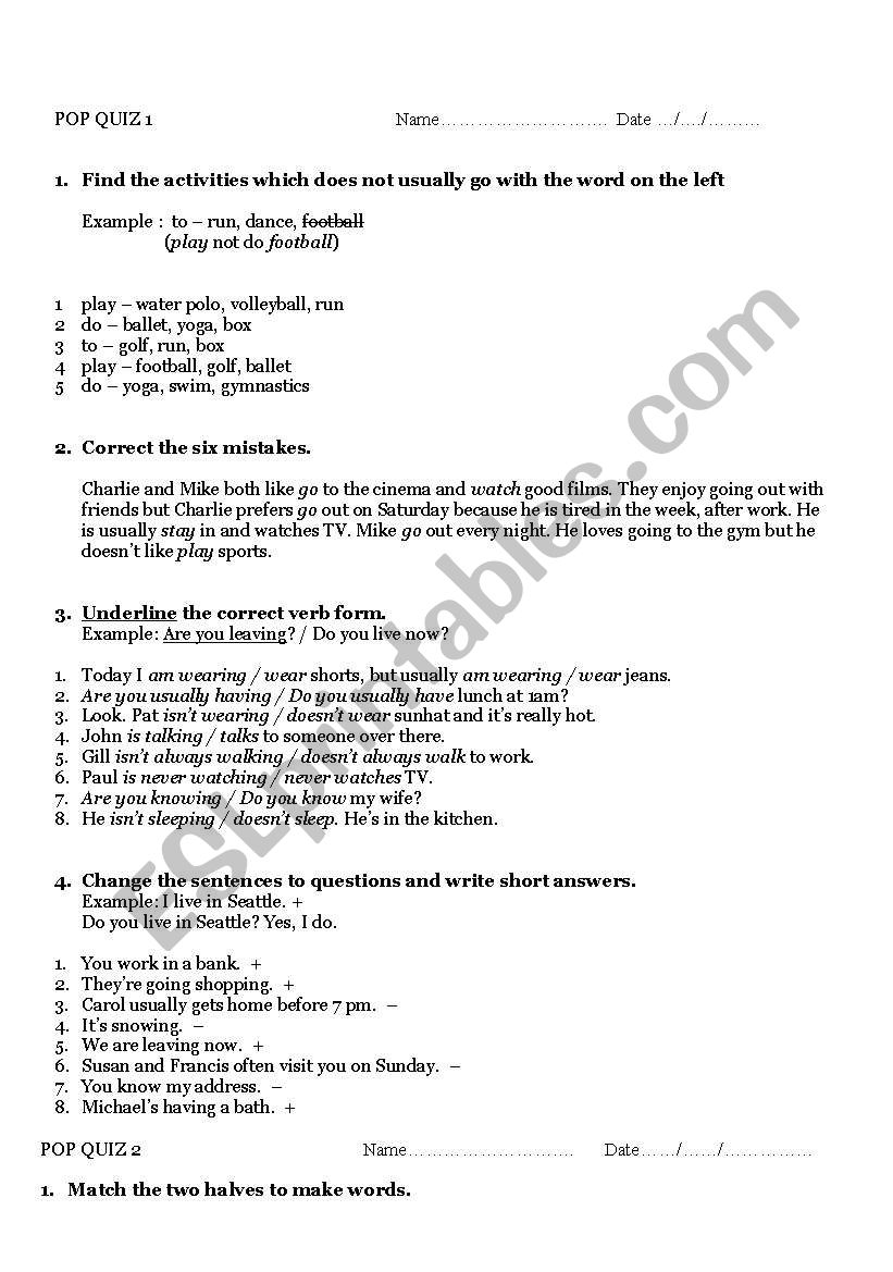 POP QUIZ  1-3 worksheet