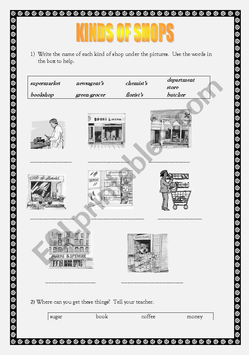 kins of shops worksheet