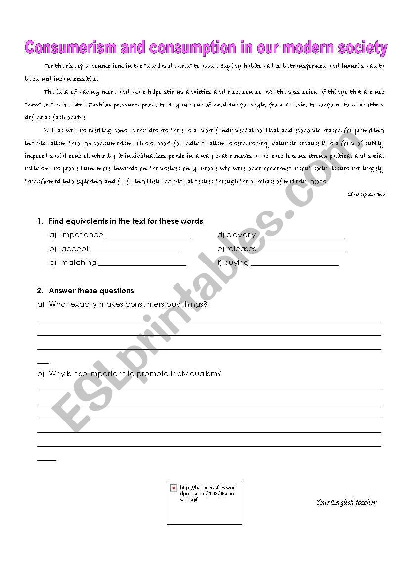 Consumerism and consumption worksheet