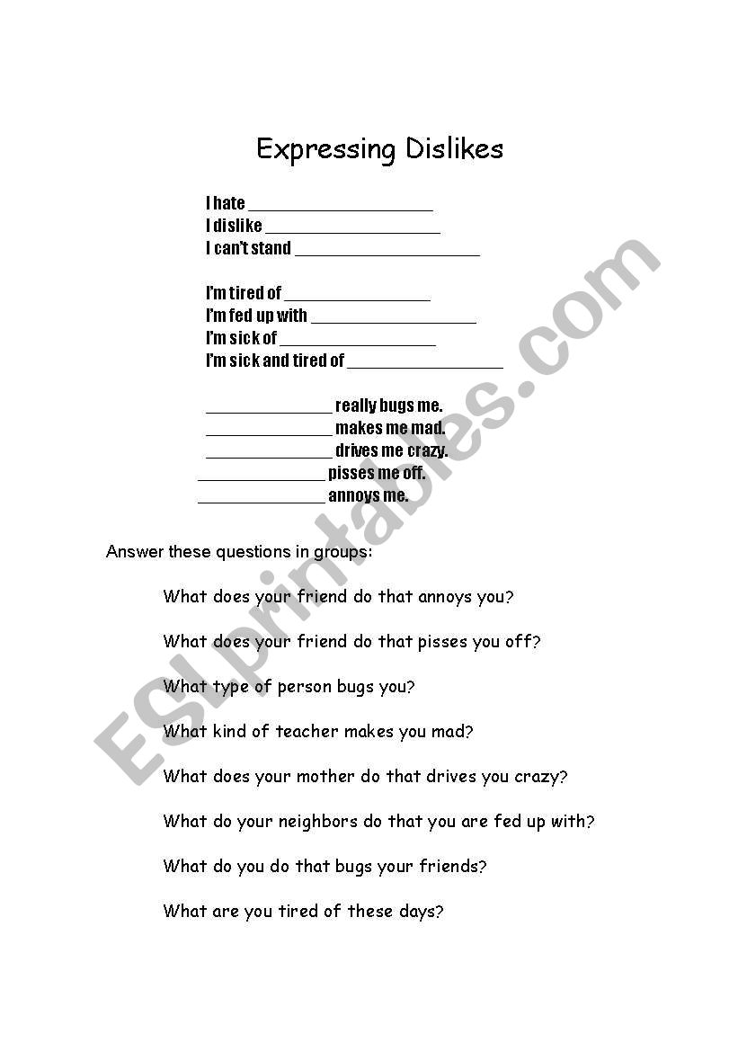 likes dislikes worksheet