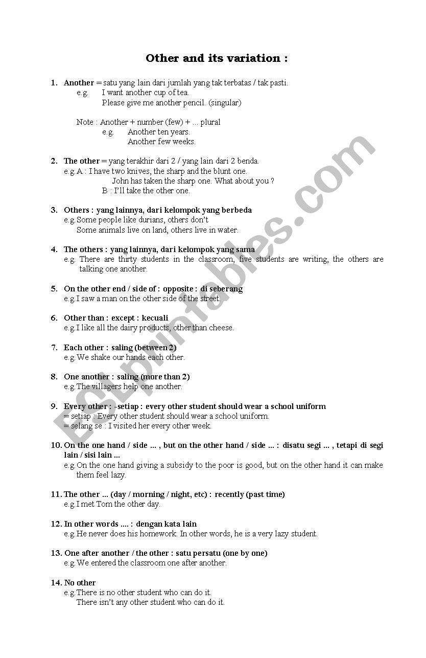 Other and its variation  worksheet