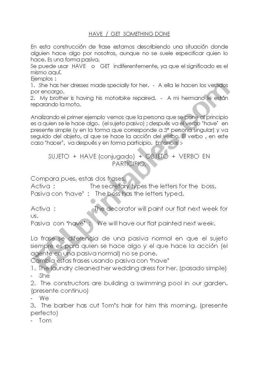 HAVE SOMETHING DONE worksheet
