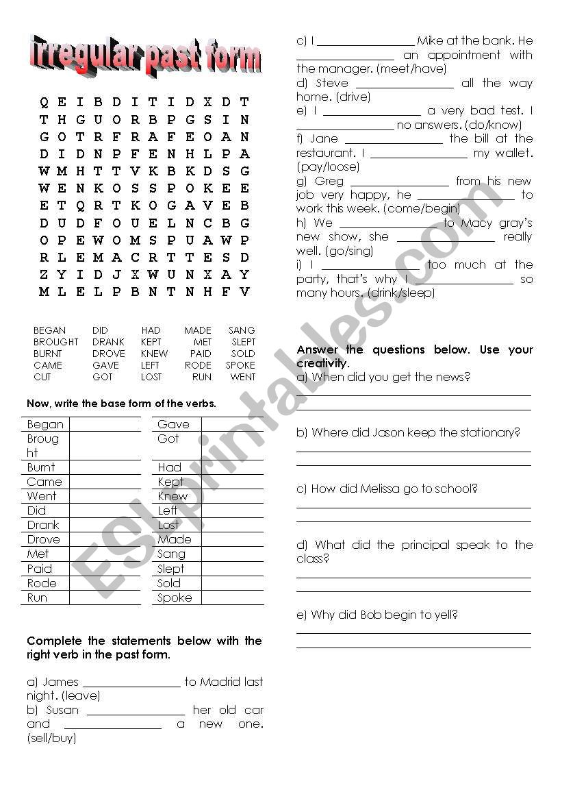 irregular past worksheet