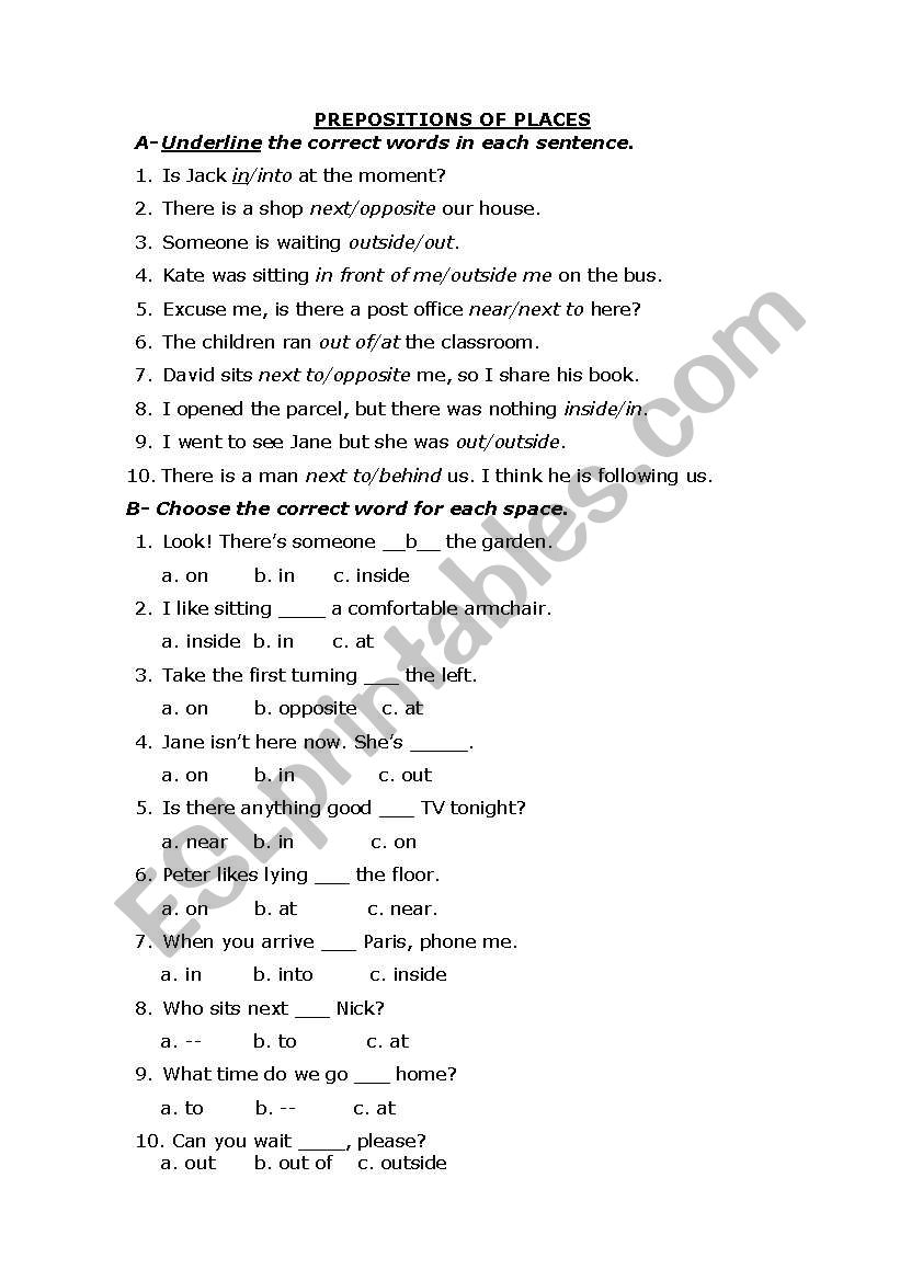 PREPOSITIONS OF PLACES worksheet