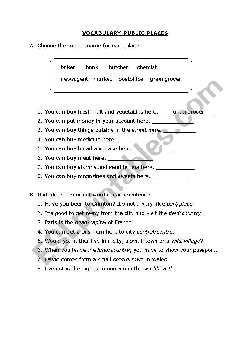 PUBLIC PLACES-VOCABULARY worksheet