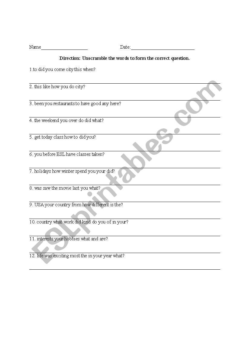 Unscramble the question worksheet