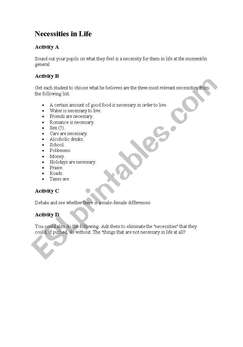 Necessities in Life worksheet