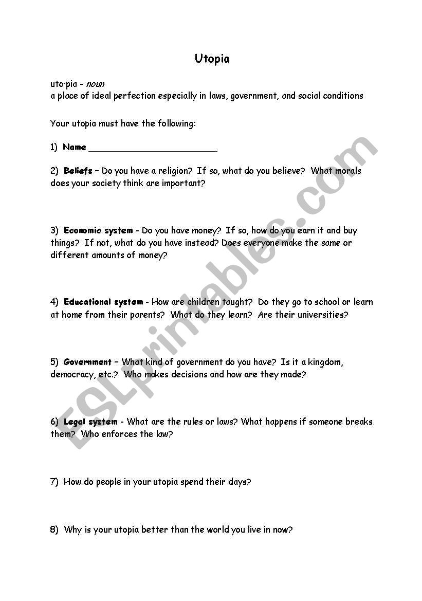 Building a Utopia worksheet worksheet