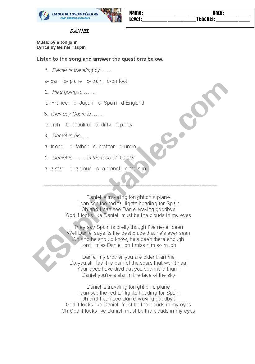 SONG DANIEL worksheet