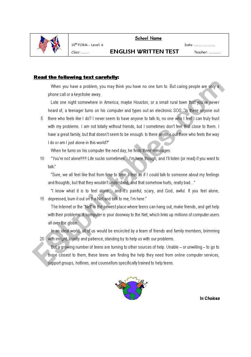 Test - NET worksheet