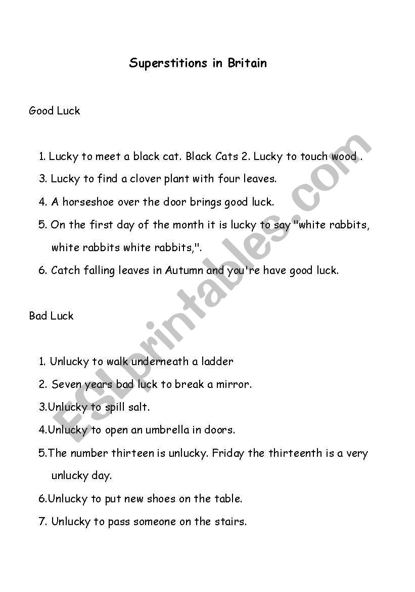 British Superstitions worksheet