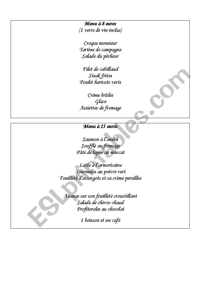 menu worksheet