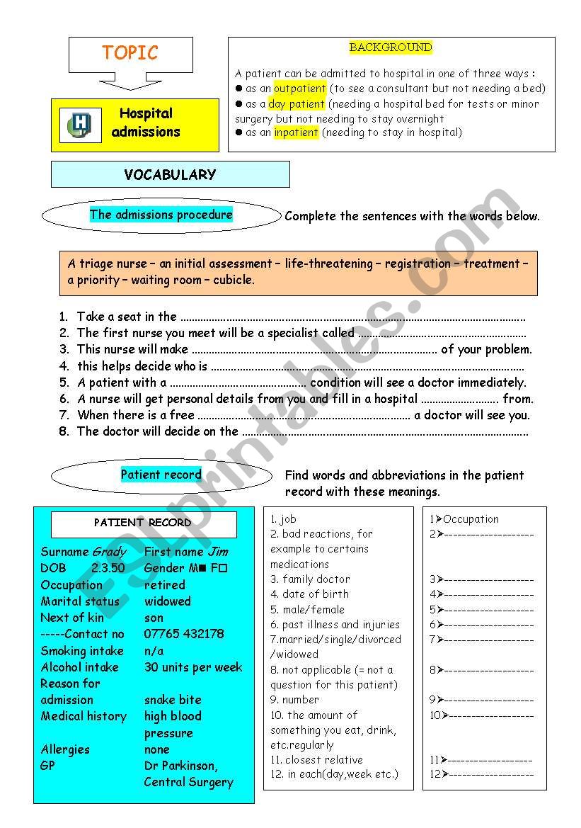 Hospital admissions worksheet