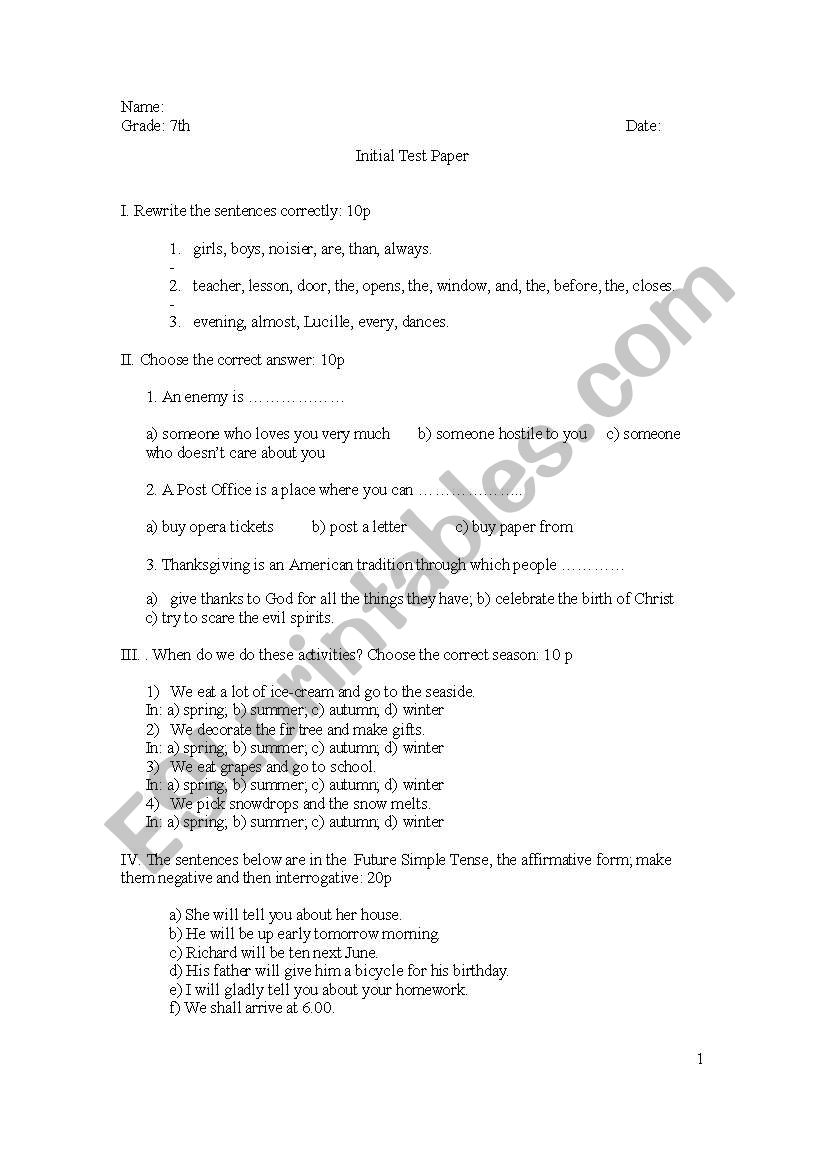 7th grade test paper worksheet