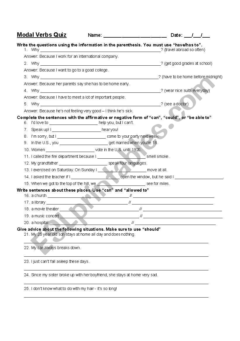 Modal Verbs Quiz worksheet