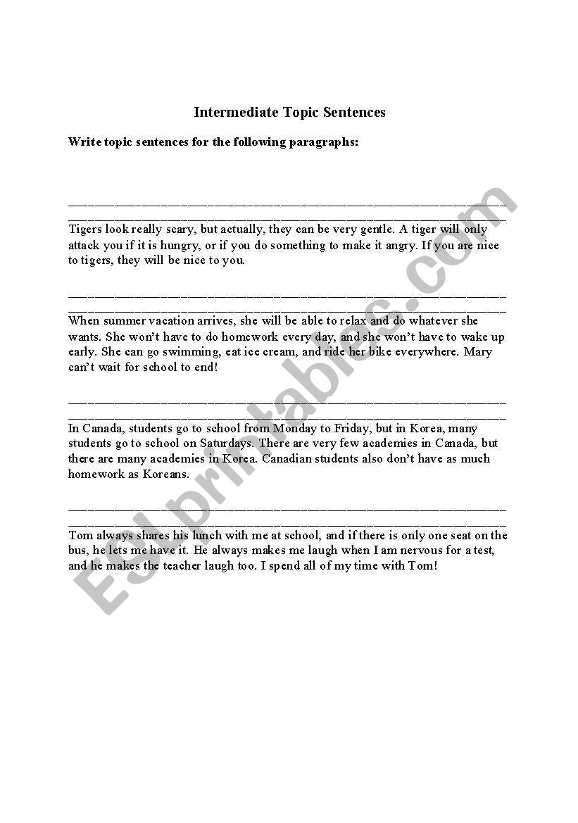 Writing Topic Sentences worksheet