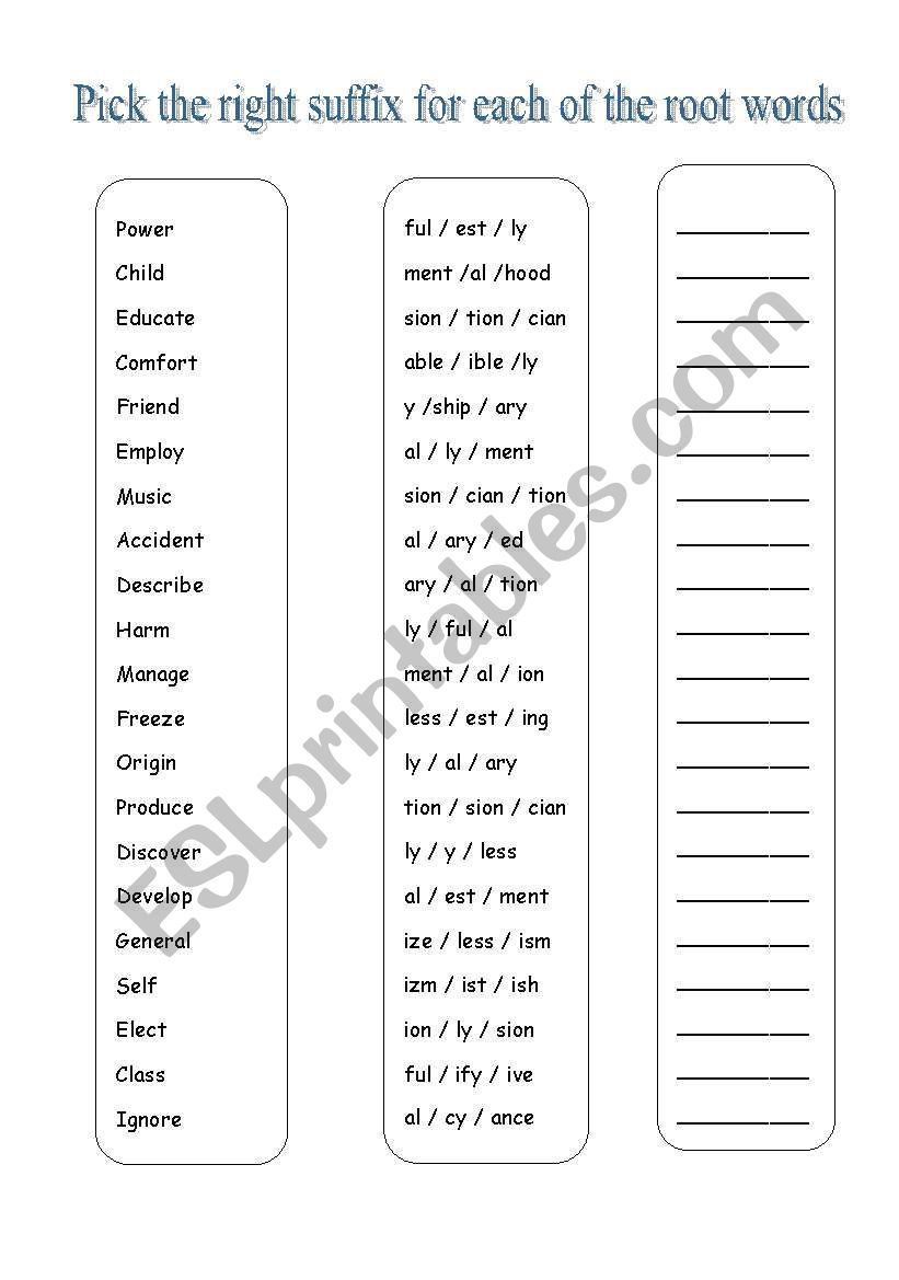 Suffixes worksheet