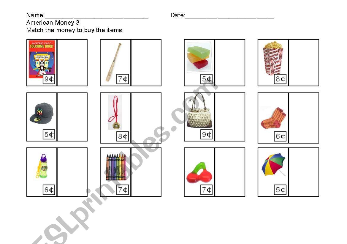 Money Match worksheet