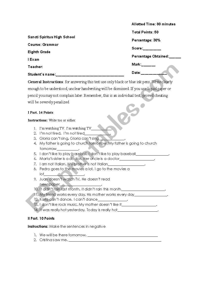 Grammat Test worksheet