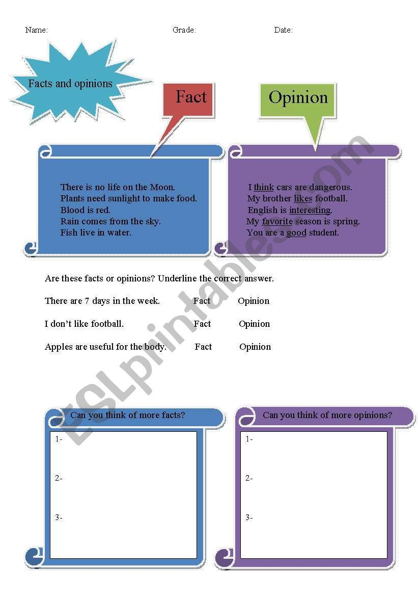 facts and opinions. worksheet