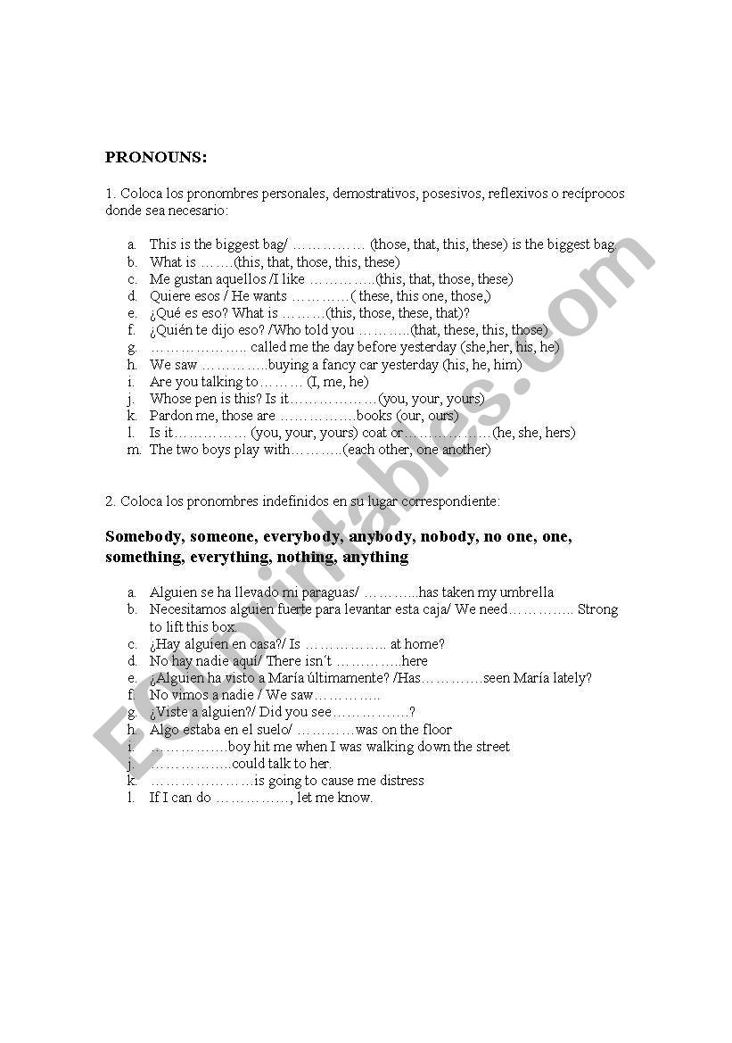 pRONOUNS worksheet