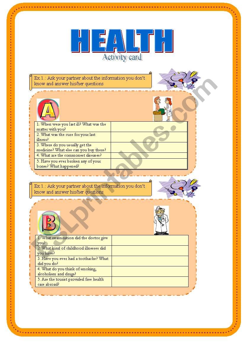 Health - activity card worksheet