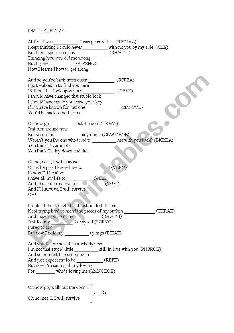 Lyrics. I will survive worksheet