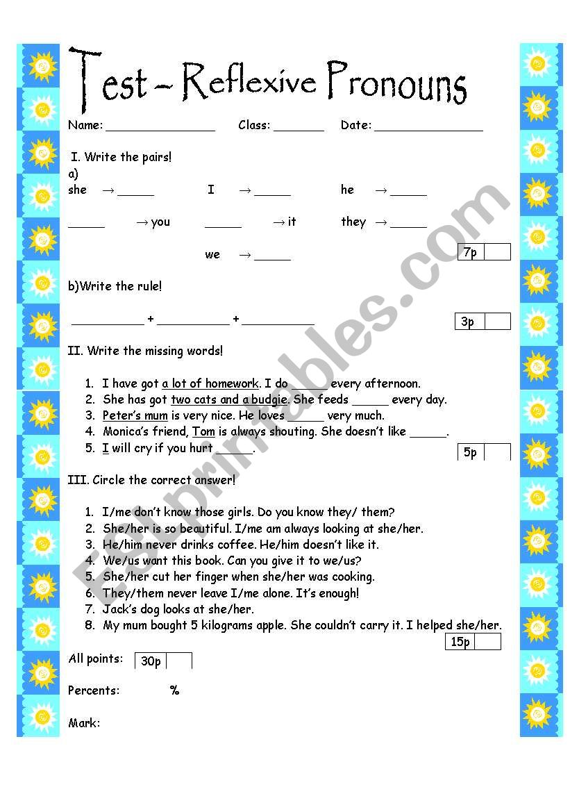 Reflexive Pronouns- test worksheet