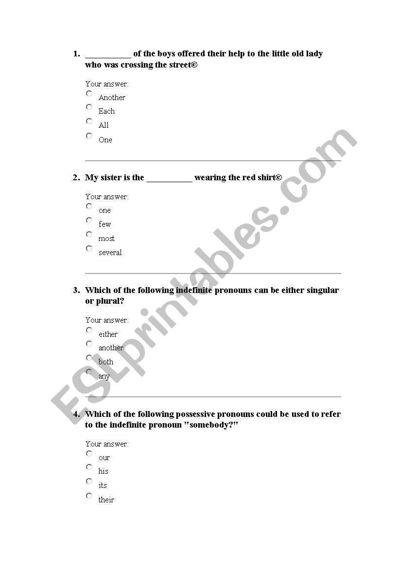 indefinate pronoun test worksheet