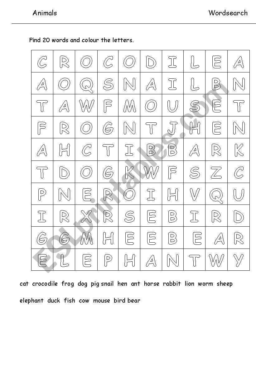 Animals wordsearch with animals listed