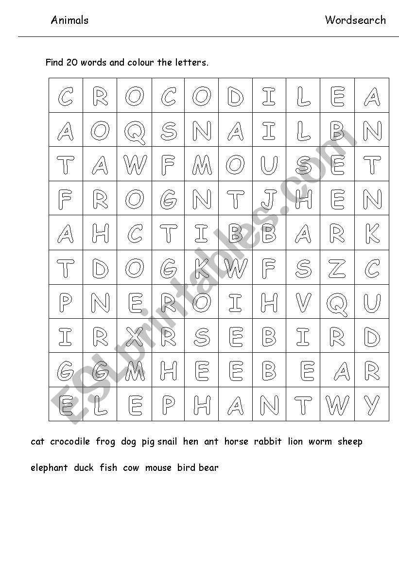 Animals wordsearch with animals listed