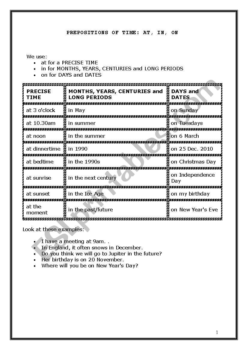 PREPOSITIONS OF TIME worksheet