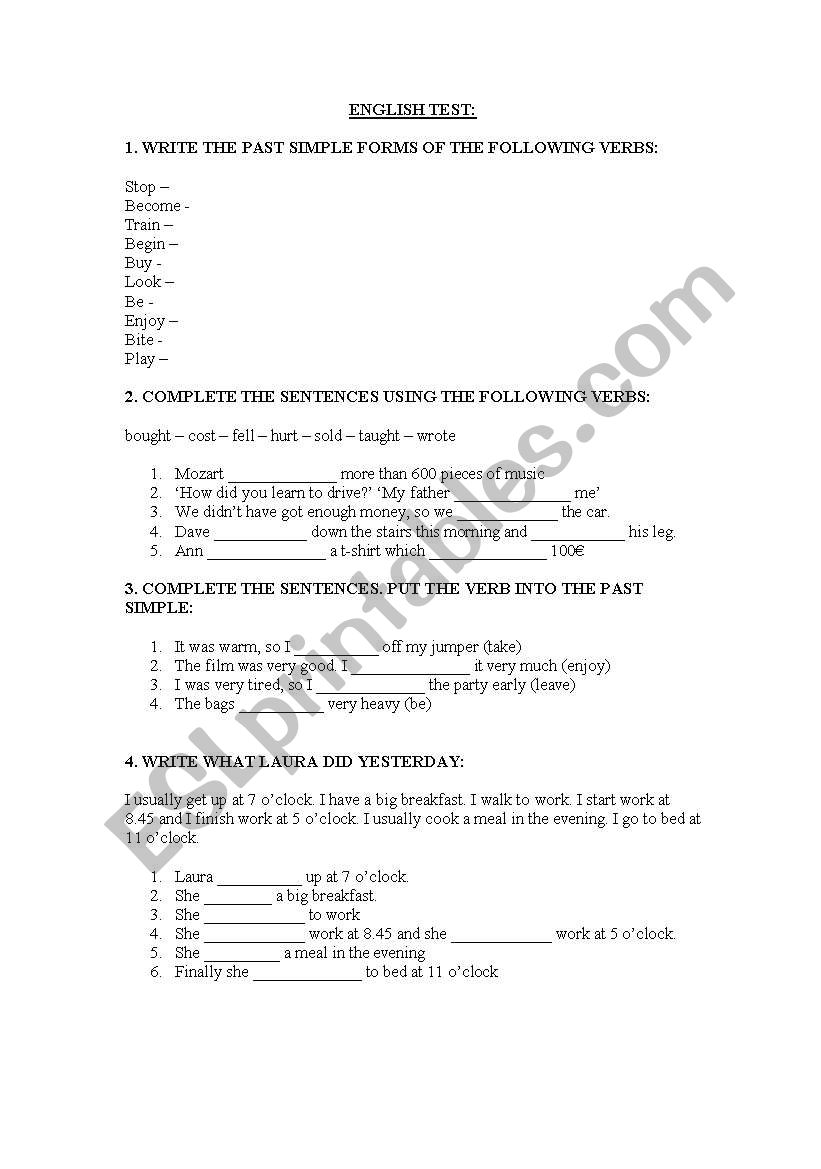 PAST SIMPLE TEST worksheet