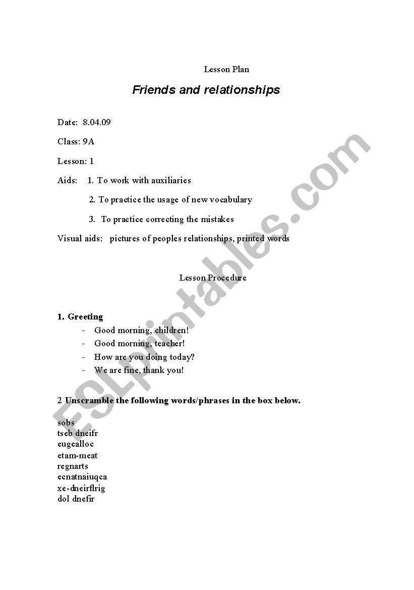 Friends and relationships worksheet