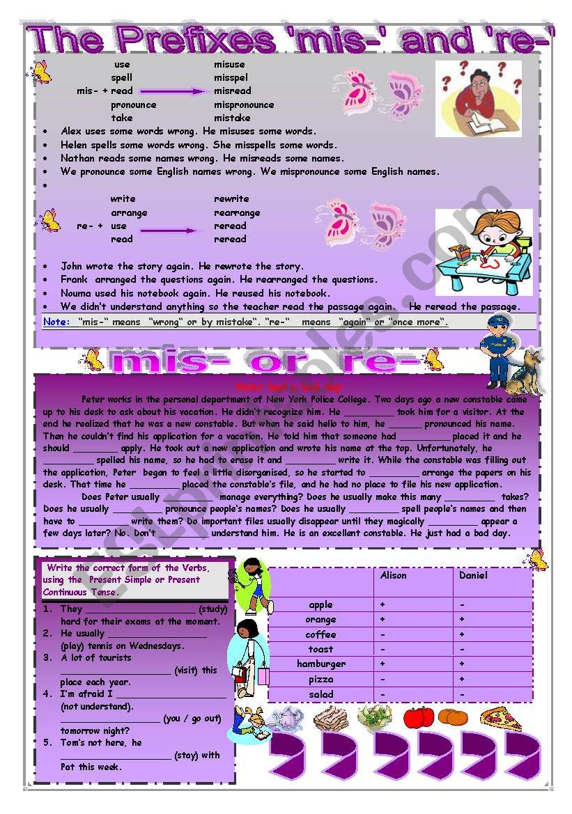 prefixes mis-  or  re- worksheet