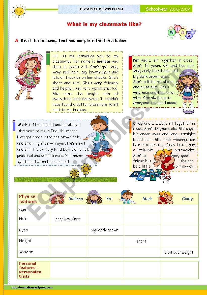 The 1st 45-minute-lesson (of 2) on the topic Describing People -- Reading Comprehension for Upper Elementary and Lower intermediate students