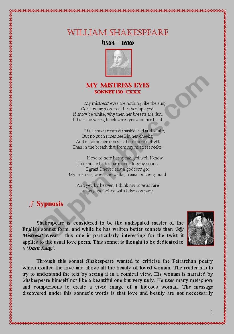 Â´My MistressÂ´ EyesÂ´ by William Shakespeare