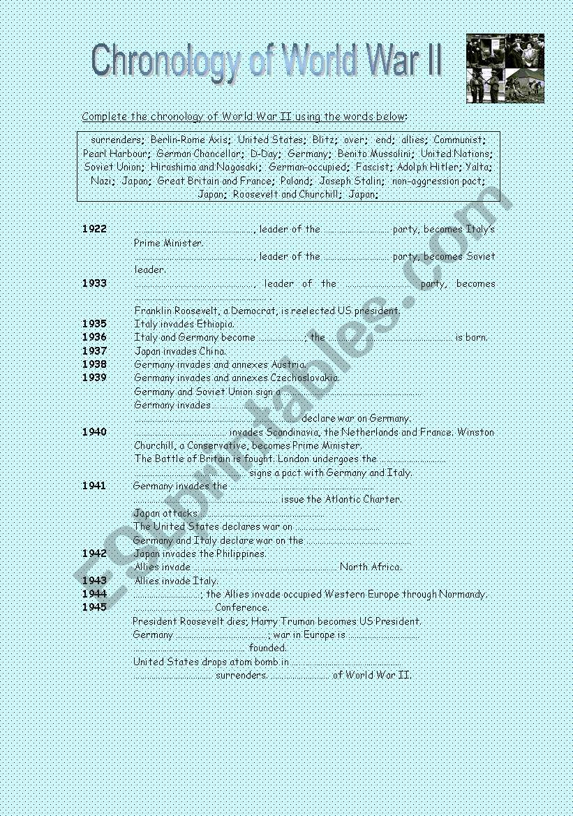 Chronology of World War II worksheet