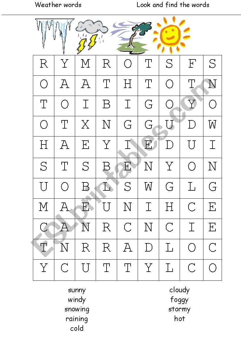 Weather words wordsearch worksheet