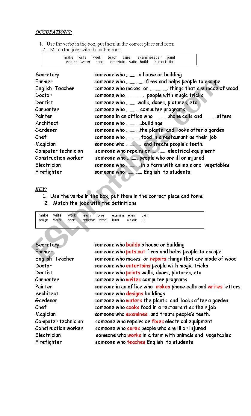 Occupations worksheet