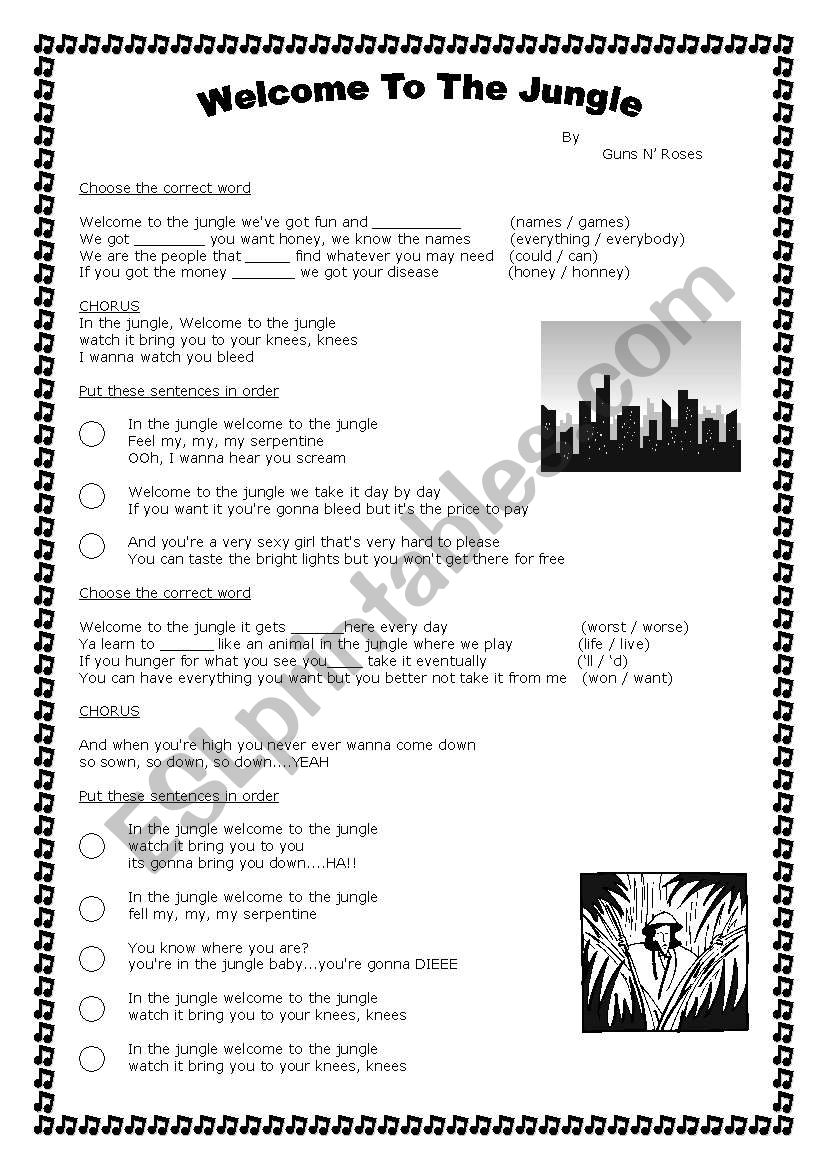 song (welcome to the jungle) worksheet