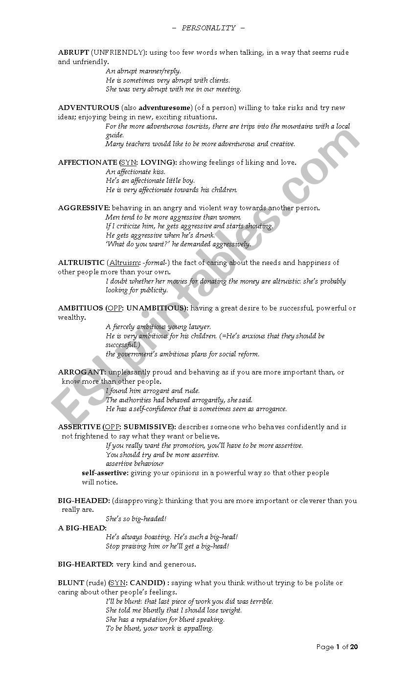 Vocabulary Personality worksheet