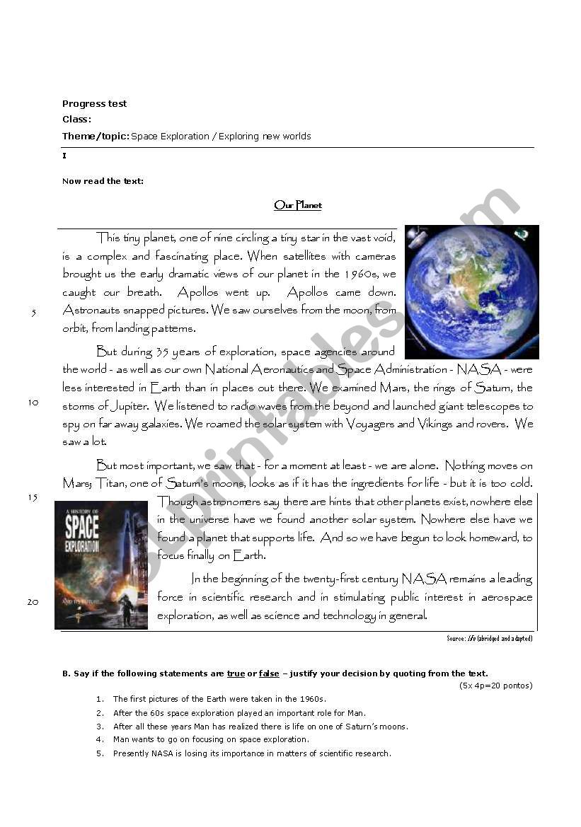 Test Our Planet worksheet