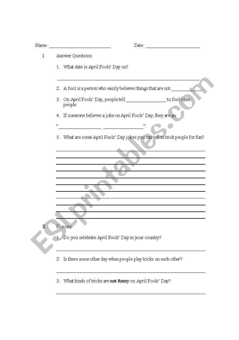 April Fools Day worksheet