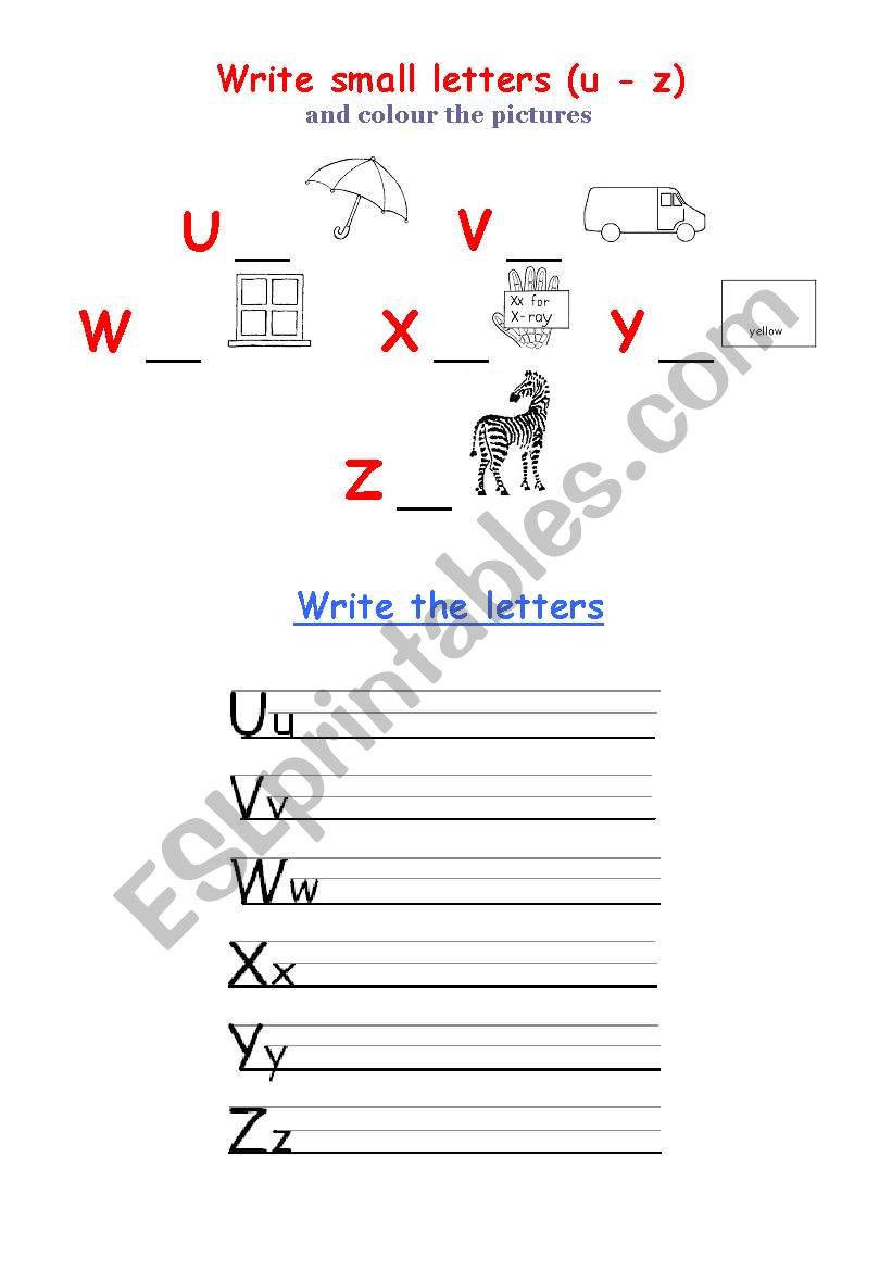 Alphabet writing Uu - Zz worksheet