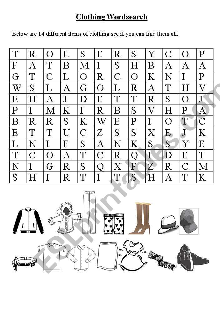 clothing wordsearch worksheet