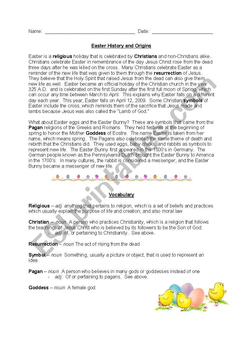 History and Origin of Easter worksheet