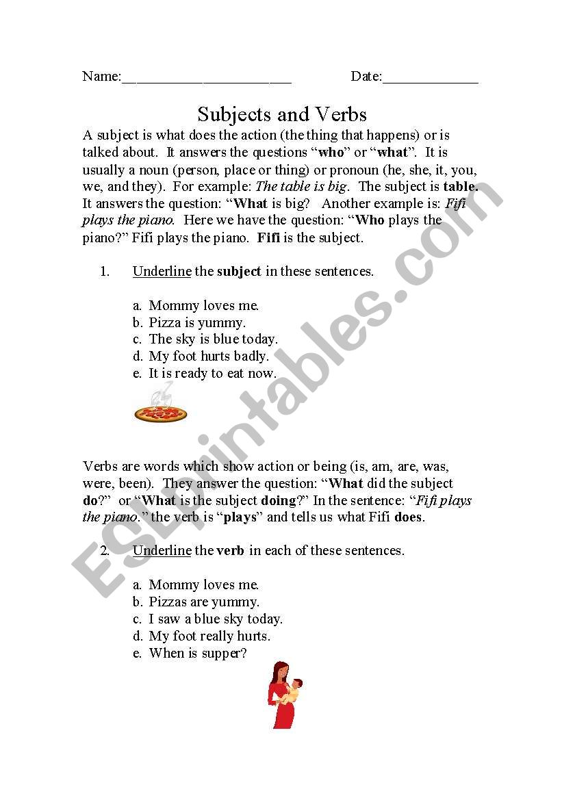 Subjects n Verbs worksheet