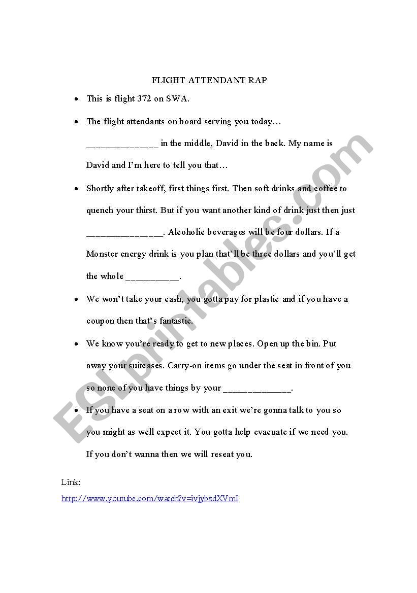 Flight Attendant that Raps worksheet