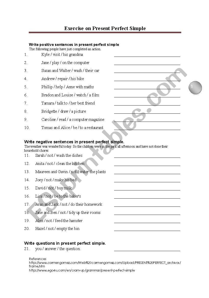 Present perfect review worksheet